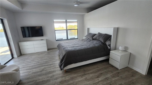 702 NW 30th Pl, Cape Coral, FL 33993 - bedroom with wood finished floors, baseboards, a ceiling fan, and access to outside