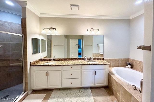 3153 Aviamar Cir Unit 202, Naples, FL 34114 - bathroom with a stall shower, a bath, double vanity, ornamental molding, and tile patterned floors
