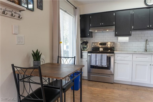 1165 Palm Ave Unit 8A, North Fort Myers, FL 33903 - kitchen featuring stainless steel range with electric cooktop, under cabinet range hood, a sink, decorative backsplash, and dark cabinets