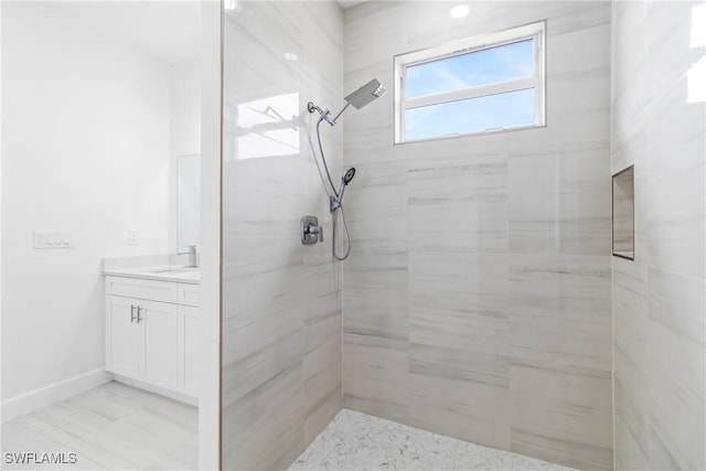 2605 Darlene Pl, Lehigh Acres, FL 33971 - full bath featuring vanity, tiled shower, and baseboards