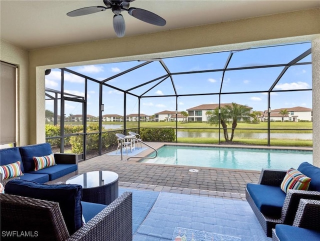 11992 Arbor Trace Dr, Fort Myers, FL 33913 - swimming pool featuring a patio area, an outdoor hangout area, a water view, ceiling fan, and a lanai