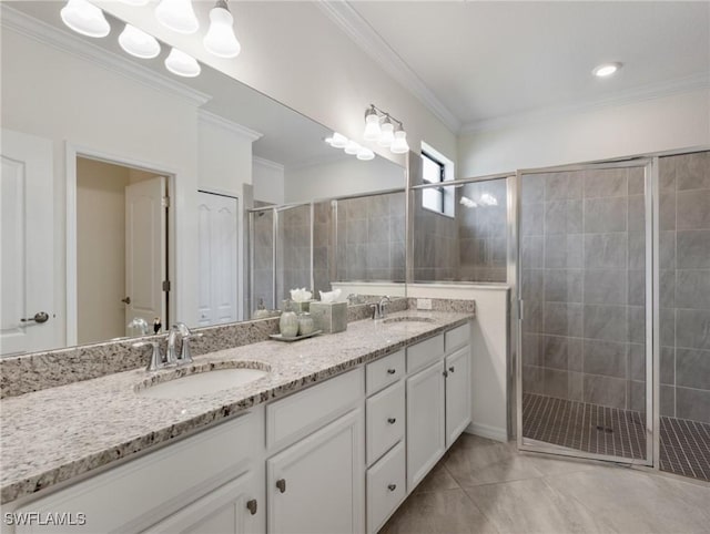 11992 Arbor Trace Dr, Fort Myers, FL 33913 - full bath with double vanity, a shower stall, ornamental molding, and tile patterned flooring