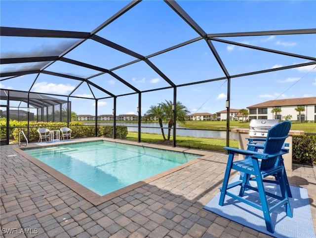 11992 Arbor Trace Dr, Fort Myers, FL 33913 - swimming pool featuring a patio, a water view, and glass enclosure