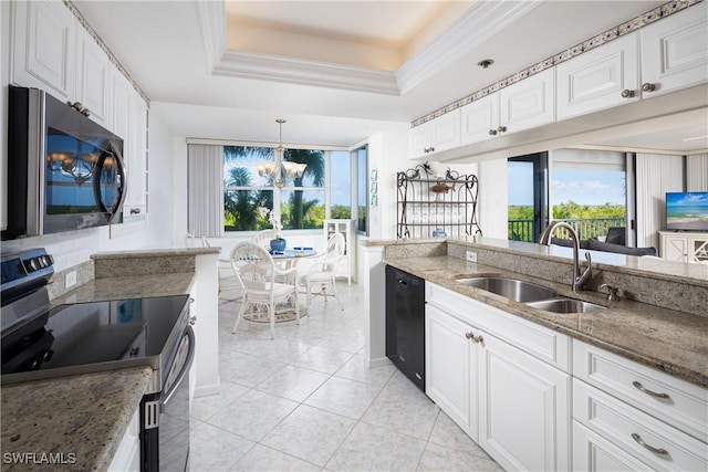 5550 Heron Point Dr W Unit 305, Naples, FL 34108 - kitchen with stainless steel electric range oven, a sink, black dishwasher, a chandelier, and light stone countertops