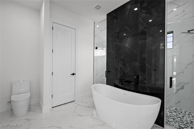 220 NE 6th St, Cape Coral, FL 33909 - full bath with marble tiled floors, a freestanding tub, toilet, a marble finish shower, and baseboards