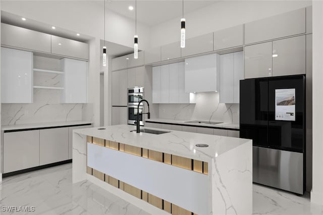 220 NE 6th St, Cape Coral, FL 33909 - kitchen with a sink, smart refrigerator, modern cabinets, open shelves, and light marble finish flooring
