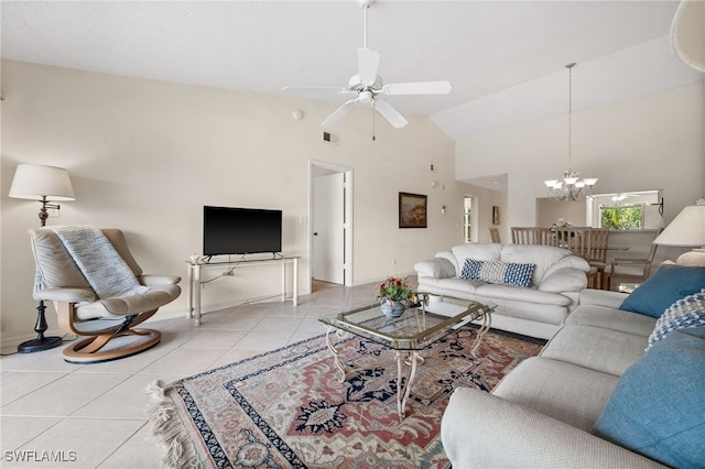 1190 Yesica Ann Cir Unit B205, Naples, FL 34110 - living room featuring ceiling fan, a chandelier, light tile patterned floors, and high vaulted ceiling