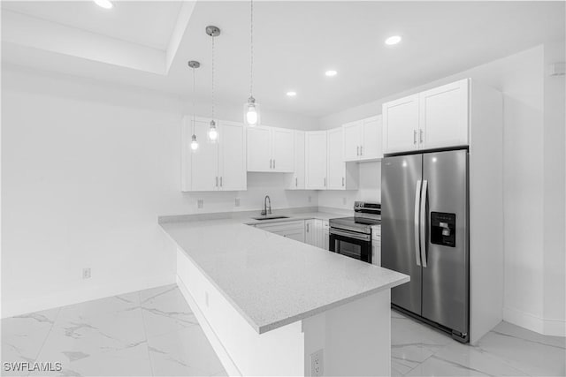 452/454 Loretta Ave S, Lehigh Acres, FL 33974 - kitchen featuring appliances with stainless steel finishes, light marble finish floors, a peninsula, baseboards, and recessed lighting