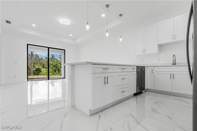 452/454 Loretta Ave S, Lehigh Acres, FL 33974 - kitchen with a raised ceiling, white cabinets, dishwasher, light marble finish floors, and recessed lighting