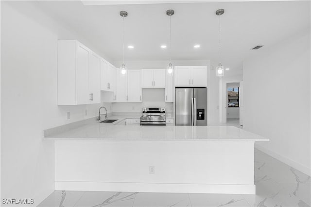 452/454 Loretta Ave S, Lehigh Acres, FL 33974 - kitchen with appliances with stainless steel finishes, light marble finish flooring, a sink, baseboards, and a peninsula