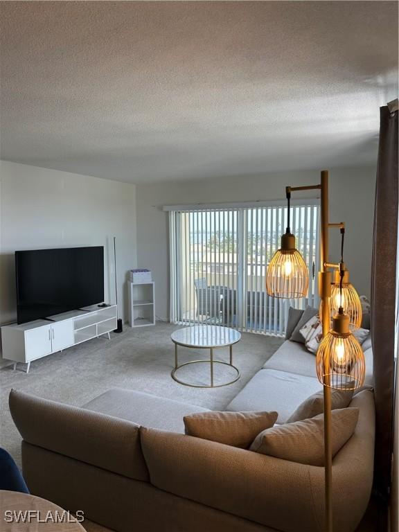 1766 Cape Coral Pkwy E Unit 410, Cape Coral, FL 33904 - carpeted living room featuring a textured ceiling