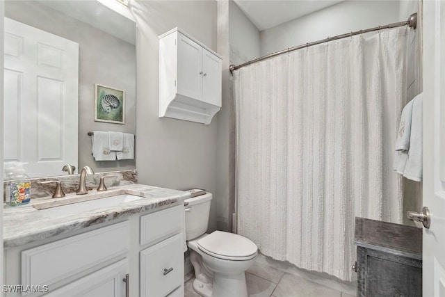 14559 Topsail Dr, Naples, FL 34114 - full bathroom featuring vanity, toilet, tile patterned flooring, and curtained shower