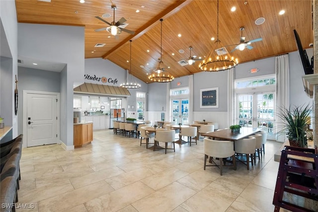14559 Topsail Dr, Naples, FL 34114 - dining area featuring ceiling fan, high vaulted ceiling, wooden ceiling, a chandelier, and wainscoting