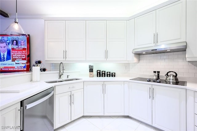 133 Colonade Cir, Naples, FL 34103 - kitchen featuring dishwasher, a sink, black electric stovetop, under cabinet range hood, and white cabinetry