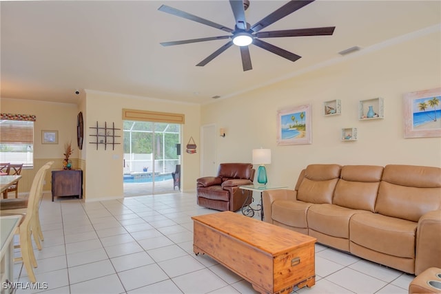 18370 Tulip Rd, Fort Myers, FL 33967 - living area featuring a ceiling fan, light tile patterned floors, and crown molding