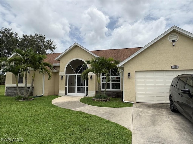 1118 Grove Dr, Naples, FL 34120 - view of front of house featuring stucco siding, concrete driveway, a front yard, a garage, and a shingled roof