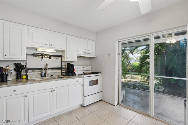 11580 Dean St Unit 582, Bonita Springs, FL 34135 - kitchen featuring under cabinet range hood, white range with electric stovetop, a sink, a ceiling fan, and white cabinets