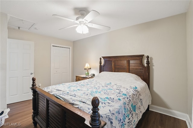11580 Dean St Unit 582, Bonita Springs, FL 34135 - bedroom featuring wood finished floors, baseboards, a closet, attic access, and a ceiling fan