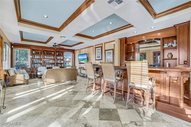 1205 Wildwood Lakes Blvd Unit 305, Naples, FL 34104 - bar area featuring crown molding, coffered ceiling, a ceiling fan, and beam ceiling