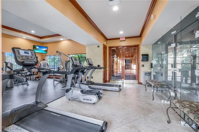 1205 Wildwood Lakes Blvd Unit 305, Naples, FL 34104 - gym featuring ornamental molding, recessed lighting, and a tray ceiling