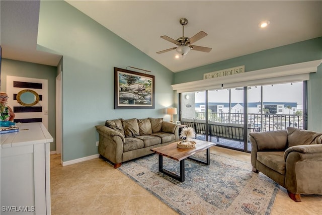 16641 Stringfellow Rd Unit 506, Bokeelia, FL 33922 - living area featuring ceiling fan, baseboards, light tile patterned flooring, high vaulted ceiling, and recessed lighting