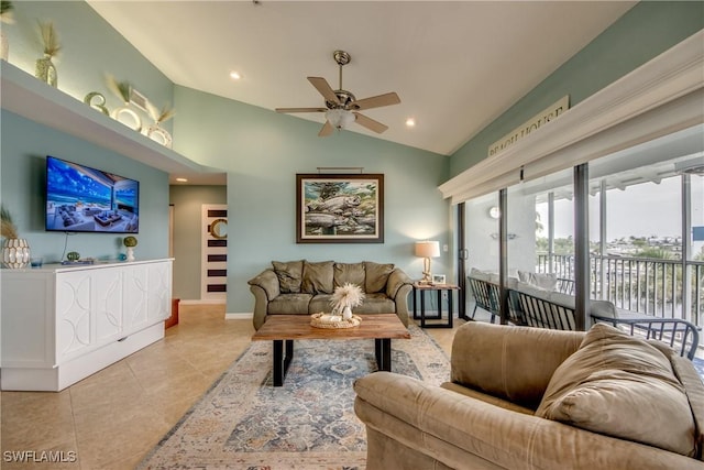 16641 Stringfellow Rd Unit 506, Bokeelia, FL 33922 - tiled living room featuring ceiling fan, vaulted ceiling, baseboards, and recessed lighting