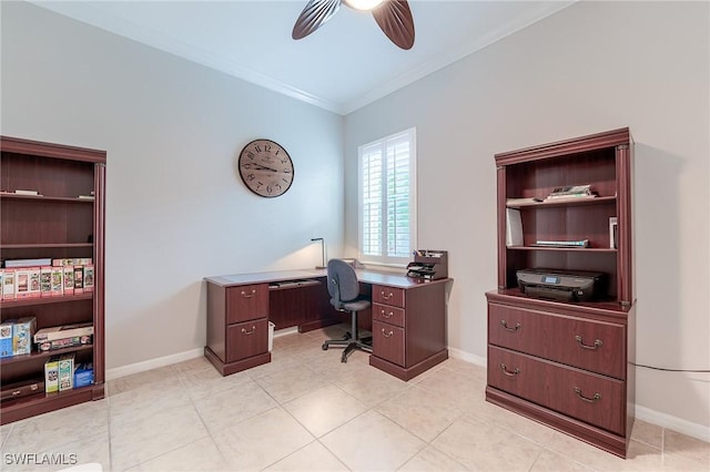 10412 Materita Dr, Fort Myers, FL 33913 - office space with a ceiling fan, crown molding, light tile patterned floors, and baseboards