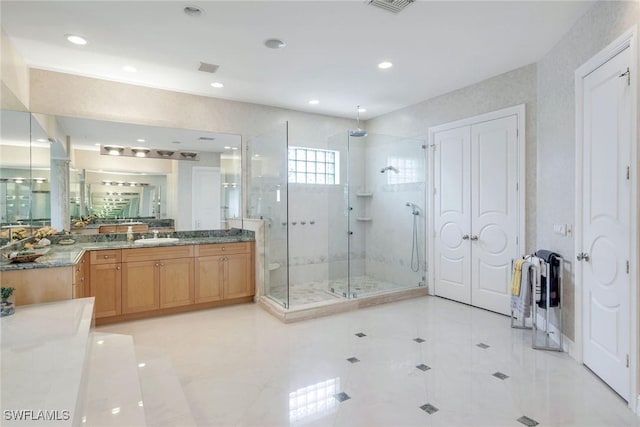 1658 Mcilvaine Ct, Marco Island, FL 34145 - full bathroom with a shower stall, vanity, tile patterned floors, and recessed lighting