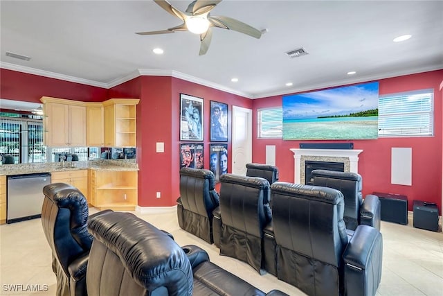 1658 Mcilvaine Ct, Marco Island, FL 34145 - home theater with a ceiling fan, recessed lighting, a fireplace, and crown molding
