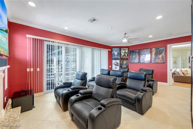 1658 Mcilvaine Ct, Marco Island, FL 34145 - home theater room with ceiling fan, light tile patterned floors, crown molding, recessed lighting, and baseboards