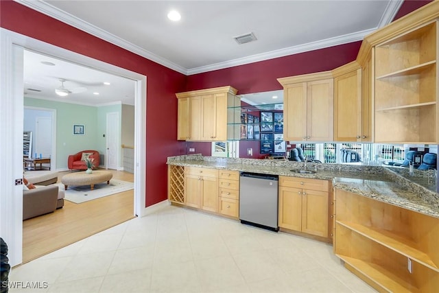 1658 Mcilvaine Ct, Marco Island, FL 34145 - kitchen featuring open shelves, stainless steel dishwasher, a sink, crown molding, and light brown cabinetry