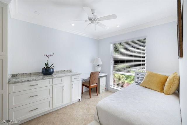 1250 Yesica Ann Cir Unit E106, Naples, FL 34110 - bedroom with light tile patterned floors, ornamental molding, a ceiling fan, and recessed lighting