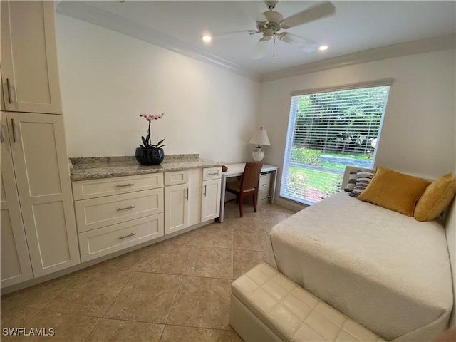 1250 Yesica Ann Cir Unit E106, Naples, FL 34110 - bedroom with light tile patterned floors, ornamental molding, a ceiling fan, and recessed lighting