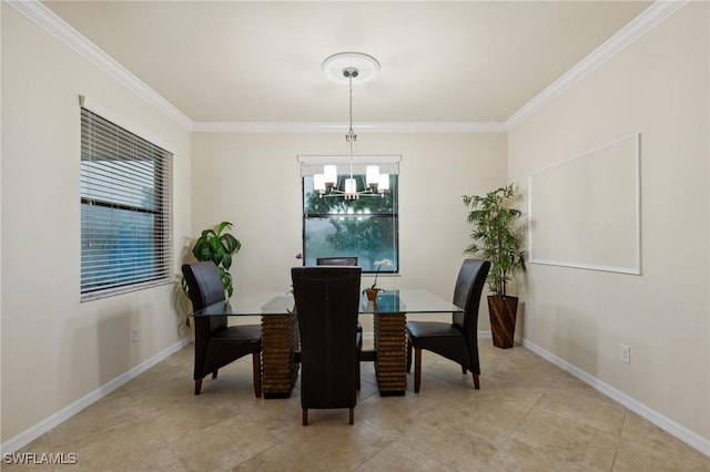 10996 Cherry Laurel Dr, Fort Myers, FL 33912 - dining area with crown molding, a chandelier, baseboards, and light tile patterned flooring