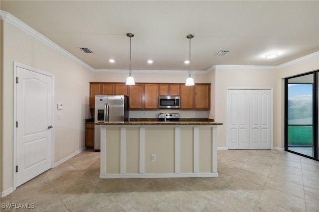 10996 Cherry Laurel Dr, Fort Myers, FL 33912 - kitchen featuring appliances with stainless steel finishes, brown cabinetry, ornamental molding, light tile patterned floors, and an island with sink