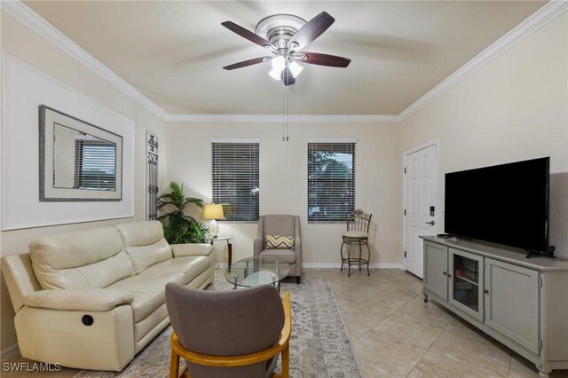 10996 Cherry Laurel Dr, Fort Myers, FL 33912 - living area with crown molding, ceiling fan, light tile patterned floors, and baseboards