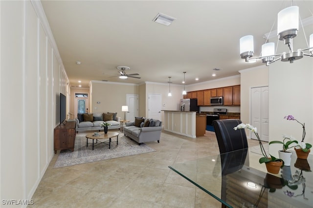 10996 Cherry Laurel Dr, Fort Myers, FL 33912 - living room featuring crown molding, ceiling fan, a chandelier, recessed lighting, and baseboards