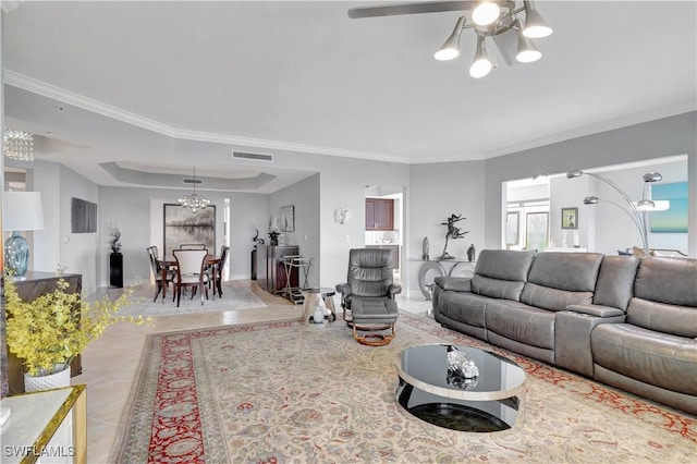 1050 Borghese Ln Unit 801, Naples, FL 34114 - tiled living room with a chandelier, ornamental molding, and baseboards