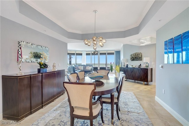 1050 Borghese Ln Unit 801, Naples, FL 34114 - dining area with a chandelier, light tile patterned flooring, baseboards, and a tray ceiling