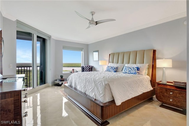 1050 Borghese Ln Unit 801, Naples, FL 34114 - bedroom featuring crown molding, access to outside, light tile patterned flooring, and ceiling fan