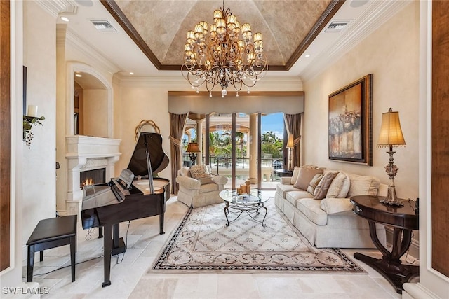 1547 Caxambas Ct, Marco Island, FL 34145 - living room with a tray ceiling, a fireplace, ornamental molding, and a chandelier