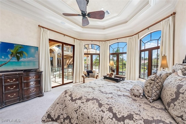 1547 Caxambas Ct, Marco Island, FL 34145 - carpeted bedroom with ornamental molding, access to exterior, french doors, a towering ceiling, and ceiling fan