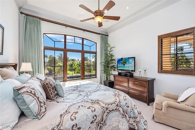 1547 Caxambas Ct, Marco Island, FL 34145 - bedroom featuring light colored carpet, ornamental molding, multiple windows, and ceiling fan