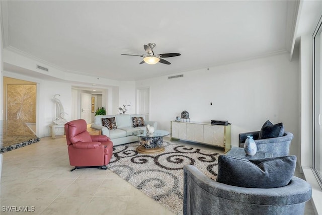 1060 Borghese Ln Unit 1005, Naples, FL 34114 - living area featuring a ceiling fan, light tile patterned floors, and ornamental molding