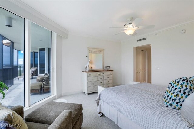 1060 Borghese Ln Unit 1005, Naples, FL 34114 - bedroom with crown molding, access to exterior, light colored carpet, and ceiling fan