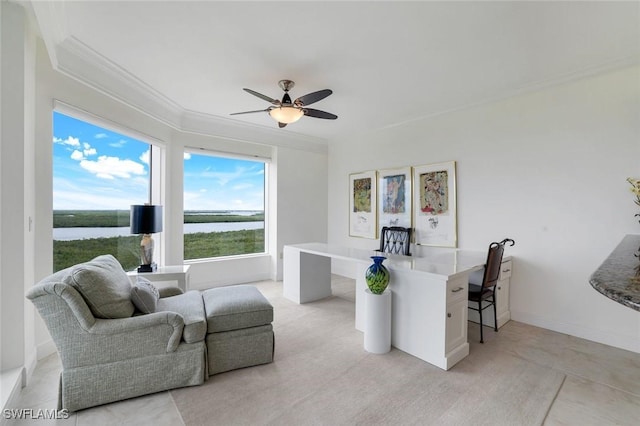1060 Borghese Ln Unit 1005, Naples, FL 34114 - living room featuring ornamental molding, a ceiling fan, a water view, and baseboards