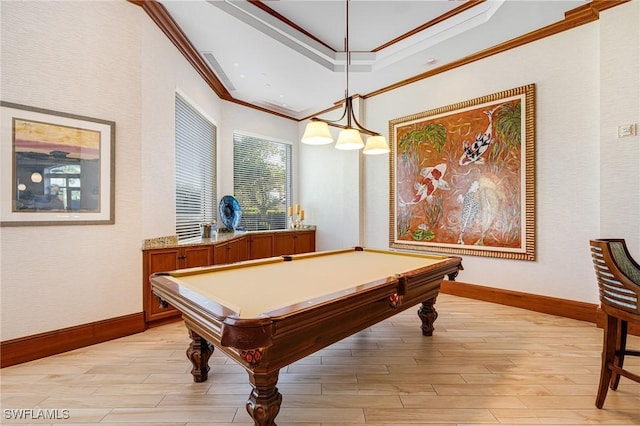 1060 Borghese Ln Unit 1005, Naples, FL 34114 - playroom with crown molding, light wood-style flooring, baseboards, pool table, and a raised ceiling