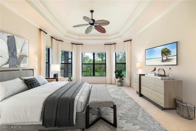 20081 Chapel Trce, Estero, FL 33928 - bedroom with a raised ceiling, ornamental molding, light colored carpet, and ceiling fan