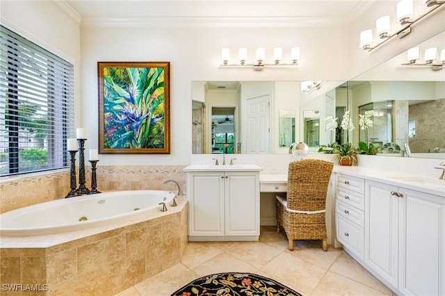 20081 Chapel Trce, Estero, FL 33928 - full bath with a tub with jets, ornamental molding, two vanities, and tile patterned floors