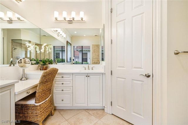 20081 Chapel Trce, Estero, FL 33928 - full bath featuring tile patterned floors, vanity, an enclosed shower, and ornamental molding